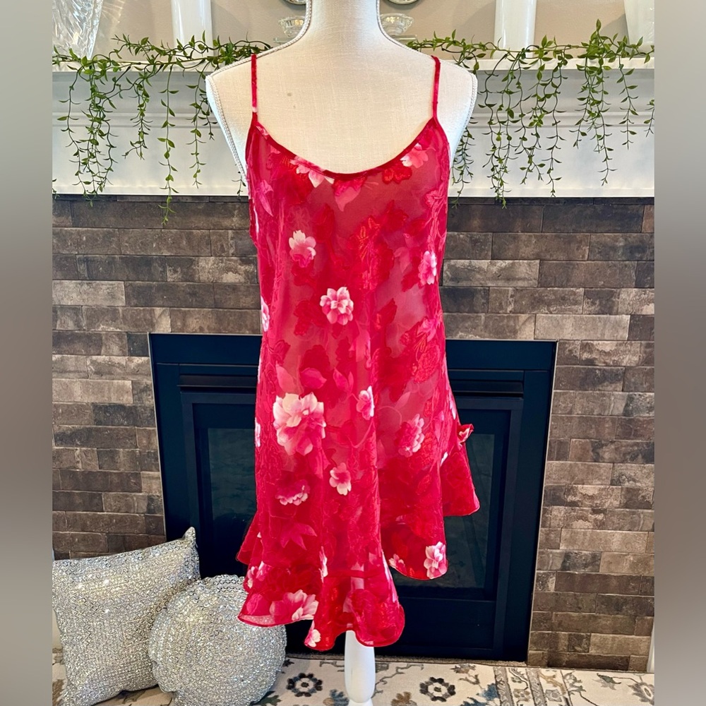 Vintage Vanity Fair Red Floral Slip Dress Lingerie Short Size L
